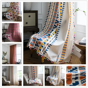 

Multicolor Curtain With Tassel For Living Room French Window Blinds Bedroom Bay Window Bohemian Cotton linen Finished Curtain