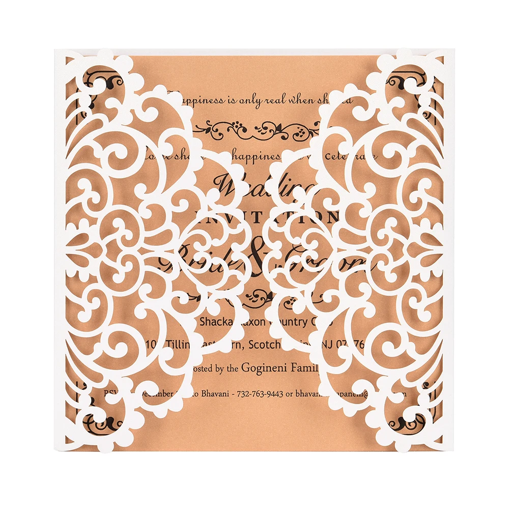  10pcs Pearl Paper Wedding Invitation Hollow Floral Invitation Holders with Blank Inner Sheet Weddin - 4000056309848