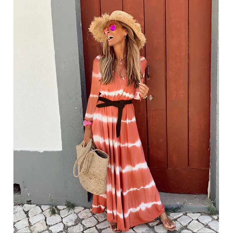 

Long Boho Chic Hippie Beach Dress Summer Elegant Dresses 2019 Designer Clothing Vintage Casual Trendy Stripe Dress Sukienka Maxi