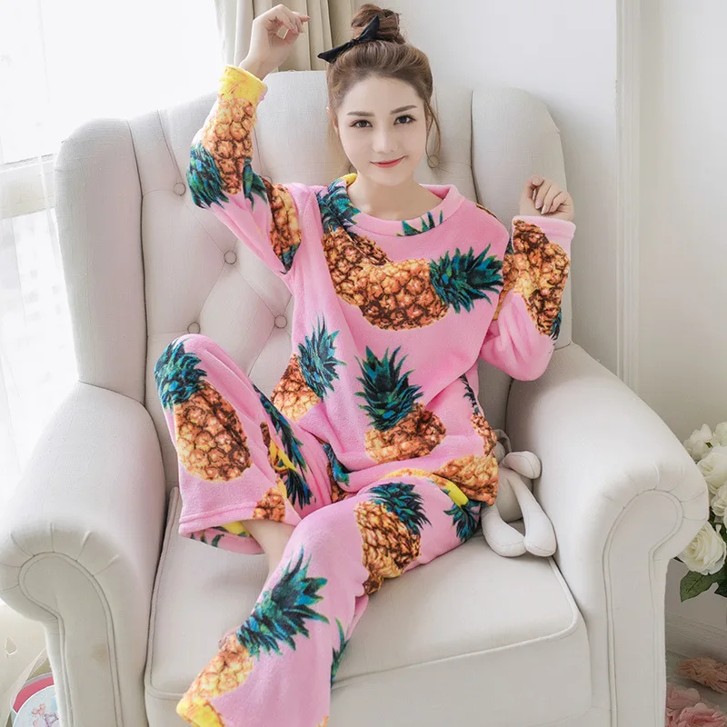 

Jun xin Flannel Pajamas Women's Covered with Pineapple Long Sleeve Autumn & Winter Warm Sweet-Outer Wear Homewear Set