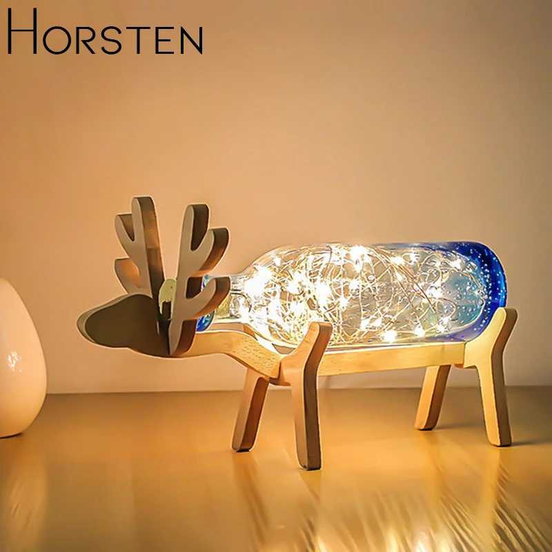 Billig Nordic Kreative Holz Deer Lampe LED Streifen Lichter Blau Glas Flasche Nacht Lichter Kunst Deco USB Beleuchtung Chirstmas Geburtstag Geschenk