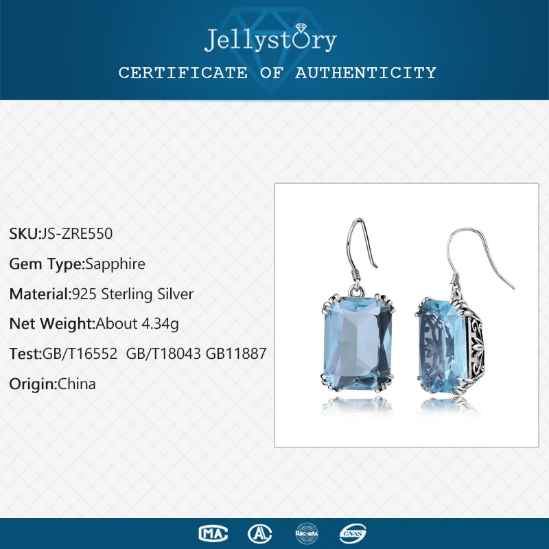 Jellystory модные 925 пробы серебряные ювелирные изделия Висячие серьги с прямоугольной формы сапфир драгоценный камень для женщин Свадебная вечеринка подарок