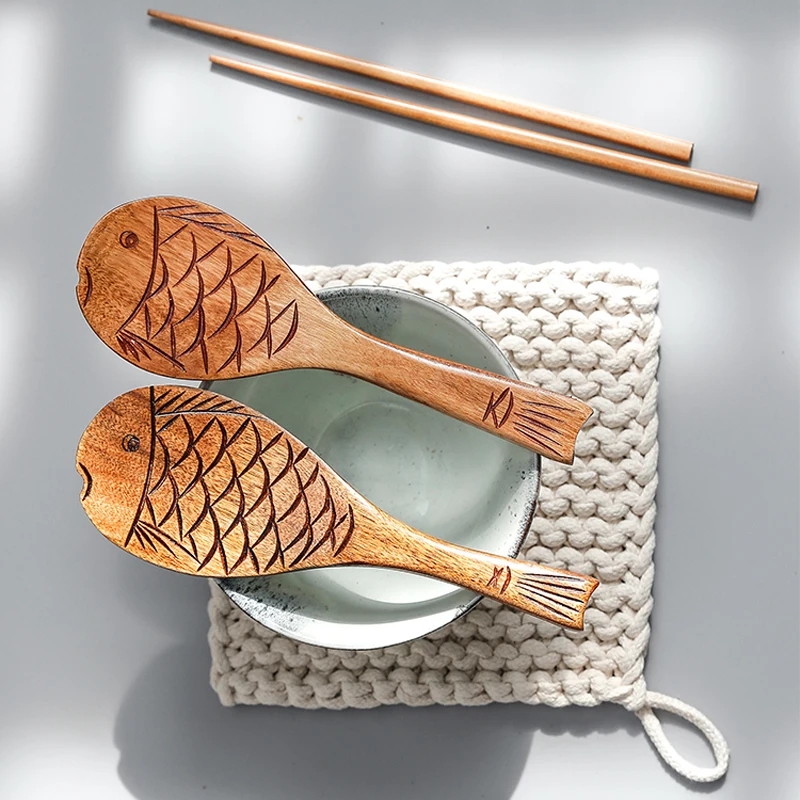

Retro Natural Wood Rice Spoon Fish Pattern Long Handle Soup Porridge Rice Scoop Dinnerware Kitchen Tools Tableware