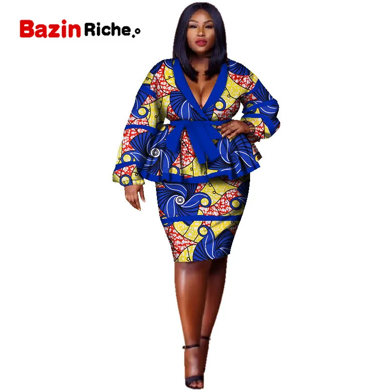 Plus Size Top and Straight Skirt Sets African Wax Print 2 Pieces Skirt Set for Women Bazin Riche African Style Clothing WY2858 - Цвет: 14