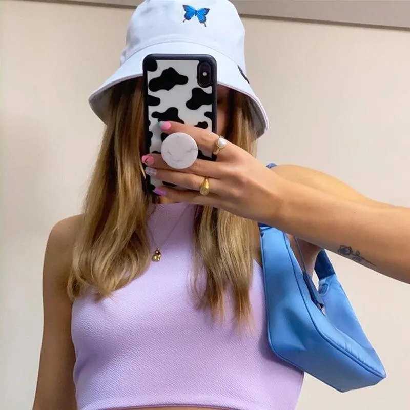 Panama with Butterfly Canvas Bucket Hat White Butterfly Embroidery Double-sided Wearable Basin Caps Outdoor Travel Visor Hat