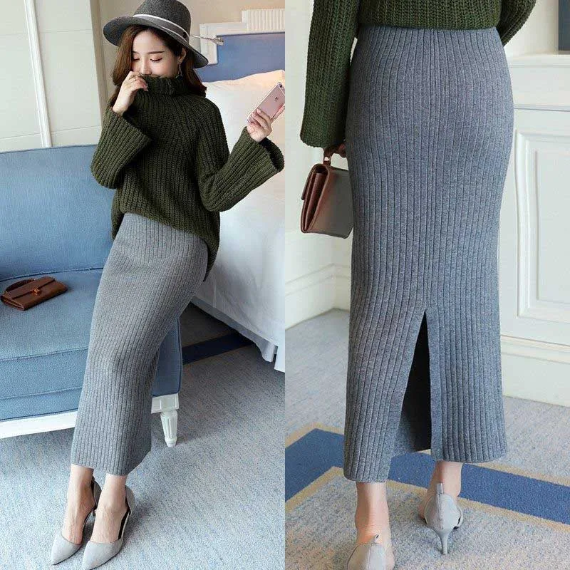 grey NiceMix женские юбки с эластичными лентами на осень и зиму, теплая трикотажная прямая юбка в рубчик, юбка средней длины - Цвет: grey