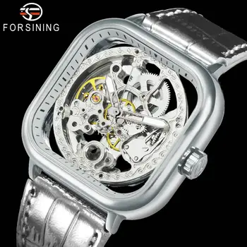 

FORSINING Luxury Automatic Mechanical Watch for Men Skeleton Carved Watch Clock Silver Leather Strap Unique Casual Wristwatch