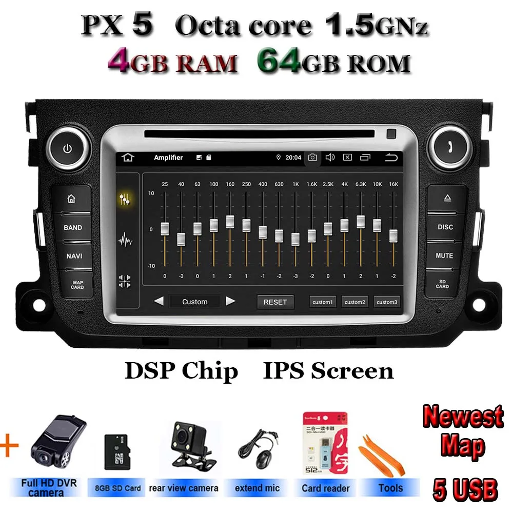 Android 9,0 Mercedes/Benz Smart Fortwo 2011 2012 2013 автомобильный dvd плеер Автомобильный RDS стерео gps Видео 5USB DSP ips - Цвет: PX5 Rear-DVR cams