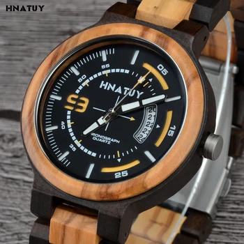 

HNATUY Relogio Masculino Wood Watch Men Erkek Kol Saati Display Date Japan Quartz Men' Watches Luminous Hands Luxury Clock