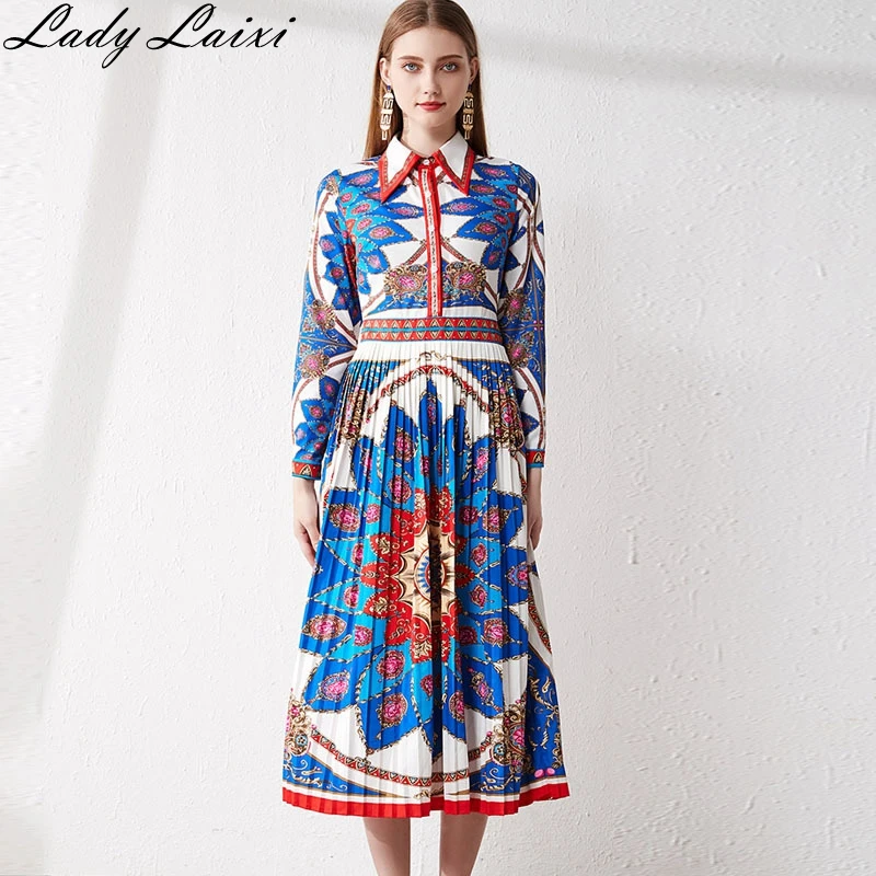 

Runway Designer 2019 Autumn Floral print Women Turn-down Collar Long sleeve Flower Printing Pleated Dress