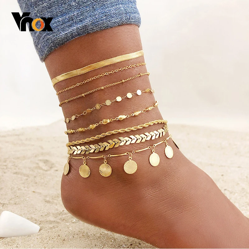 Vnox 1/2/3pcs/set Gold Color Simple Chain Anklets For Women, Leg Chains Ankle Beach Foot Jewelry, Holidays Accessories