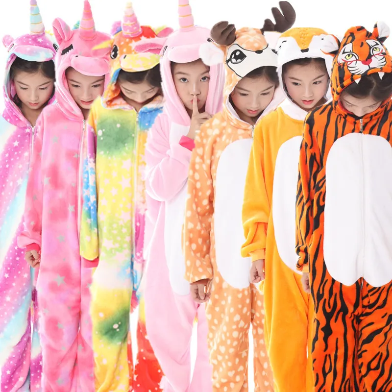 Новые детские; пижамы в виде животных на зиму теплые для девочек и мальчиков детские пижамы мультфильм Единорог стежка панда Косплэй