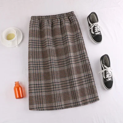 winter vintage plaid wool woollen a line warm thermal skirt for women ladies work wear flexible stretch high waist skirts womens - Цвет: 1