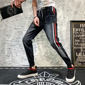 

Trendy Men Skinny Jeans Slim Fit Hop Hop Pants Men Printed Jeans Denim Ripped Denim Pants Side Stripe Pencil Pants Streetwear