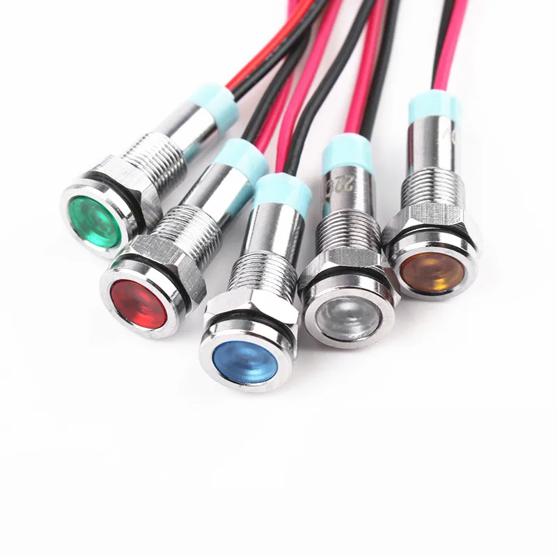

1pcs 8mm Flat head LED Metal Indicator light 8mm waterproof Signal lamp 6V 12V 24V 220v with wire red yellow blue green white