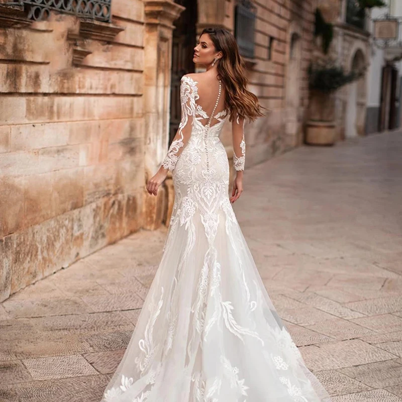 Wedding dress Mermaid wedding dress long sleeve retro wedding gown embroidery applique button design plus size dresses - AliExpress