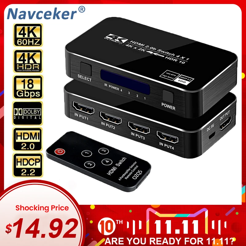 

2020 4 Port 18Gbps HDR 4K HDMI 2.0 Switch 4x1 Support HDCP 2.2 HDMI Switch HUB Box With IR Mini HDMI Switch Remote For PS4 360