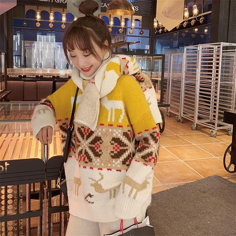 Cena Boże narodzenie nowy rok Retro czerwony sweter kobiet głowy zagęścić 2019 jesienią i zimą nowy luźny, gruby kurtka z wełny góry