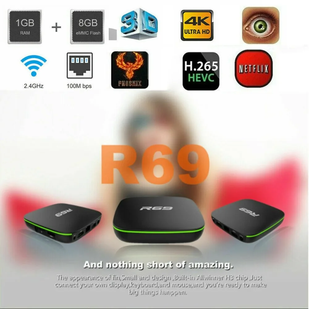 R69 Android 7,1 Smart tv Box 1+ 8G четырехъядерный HD 2,4 GHz WiFi 4K медиаплеер 1080P HD Поддержка 3D фильма