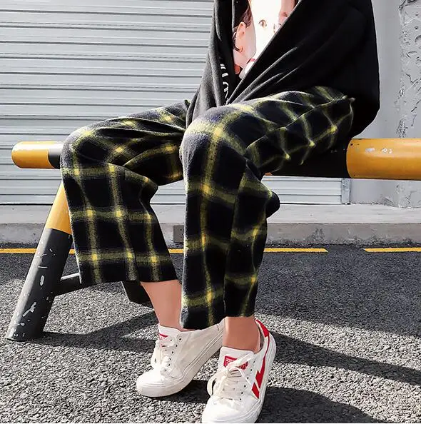 Решетки девять брюки женские осенние новые свободные Harajuku ретро Высокая талия широкие брюки