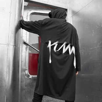 

Men Stage Clothes Autumn Long Shawl Hooded Trench Jacket Male Streetwear Hip Hop Punk Cardigan Coat Ribbon Windbreaker Outerwear