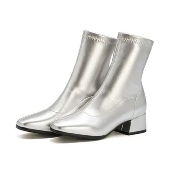 

European Style Contracted Tide Girl Shoes Woman Square Head Silver Martin Boots Chunky Heel White Short Women Stretch Boots