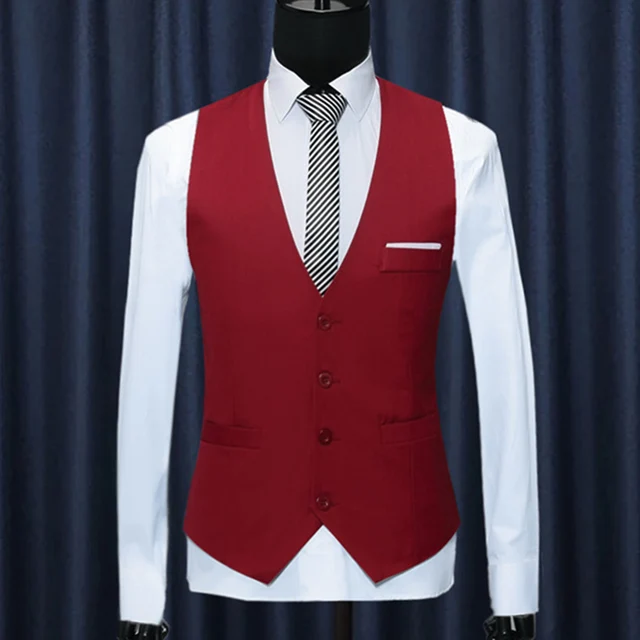 Fashion Men Vests Waistcoat Solid Color V Neck Sleeveless Buttons Blazer Plus Size Formal Business Jacket Vests 2
