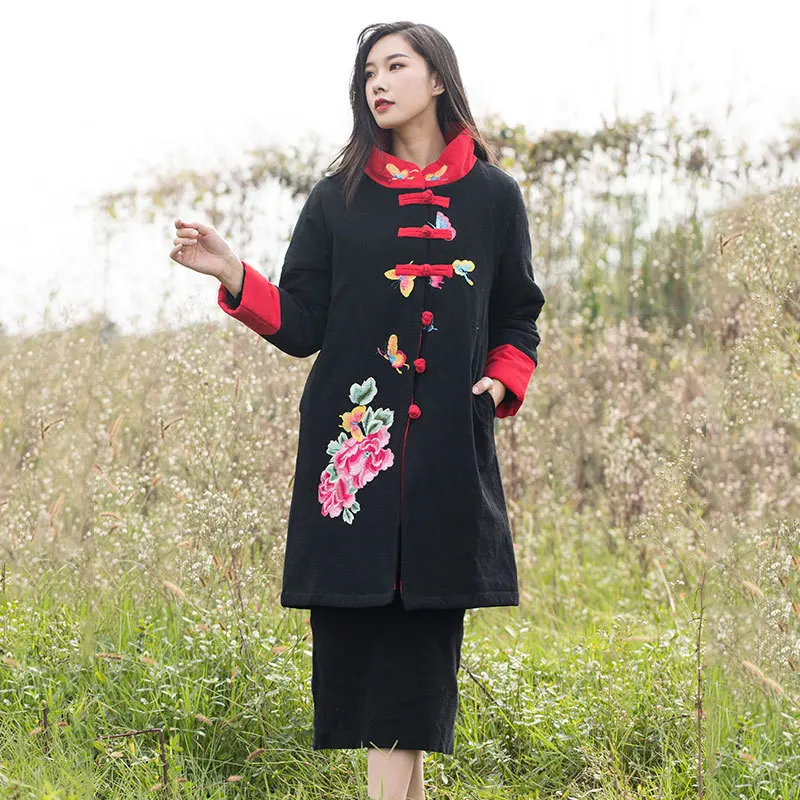 

2018 Autumn And Winter Cotton Linen WOMEN'S Dress Origional Design Ethnic-Style Embroidered Cotton Coat Padded Mid-length Cotton