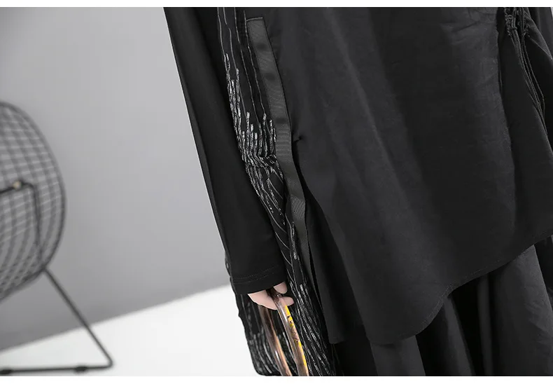 [EAM] женское Плиссированное черное платье из двух частей, новинка, круглый вырез, длинный рукав, свободный крой, мода, весна-осень, 1B251