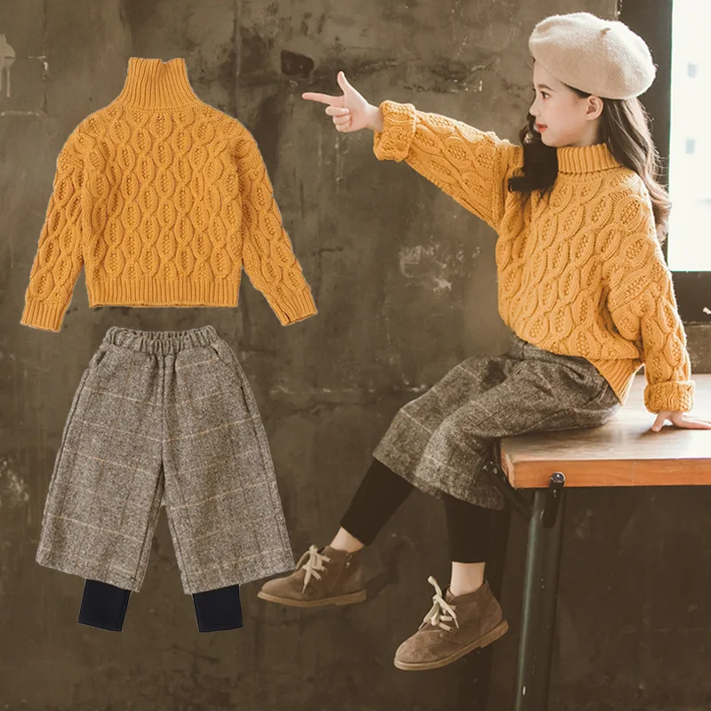 

Teenage Turtleneck Sweater Set Girls Clothes Set 2020 Spring Autumn New Children's Clothing Sweater Woolen Pants Two-piece Set