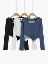 

American T-shirt Fake Two-piece Women Short Top Spring Autumn New Casual Solid Slim Long Sleeve Irregular Bottoming Shirt Female