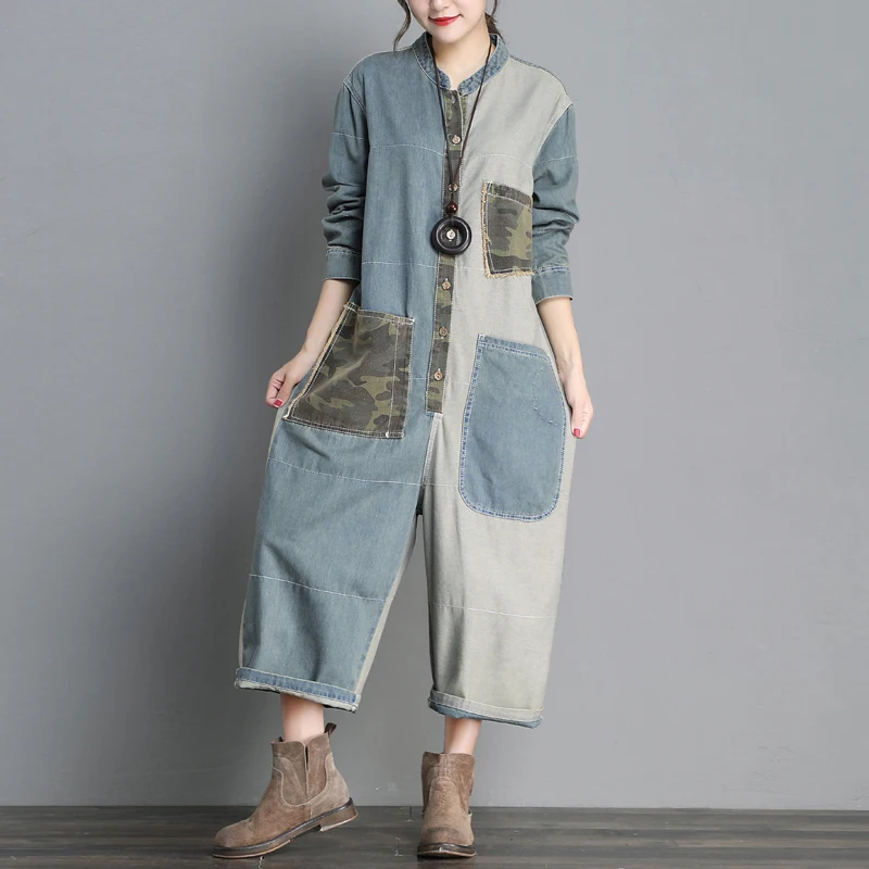 Wide Leg Jean Jumpsuit Baggy Contrast Color Women Long Sleeve Button Cowboy Overall Pockets Plus Size Denim Rompers | Женская одежда