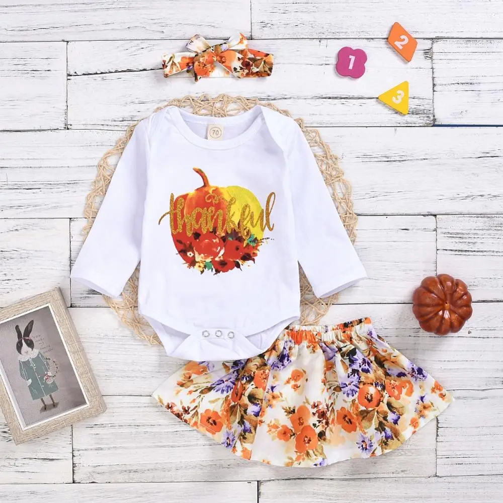 

Spring Autumn Thanksgiving Baby Outfits Baby Girl Bodysuit+Floral Print Skirt+Headband Kids Outfit Set Infant Baby Girl Clothes