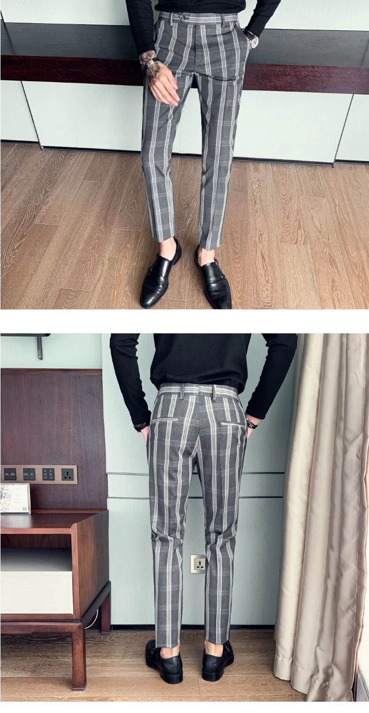 Черные, серые, зеленые клетчатые брюки для мужчин Slim Fit мужской костюм в полоску брюки Роскошные длиной до щиколотки Мужские модельные брюки формальные деловые P14