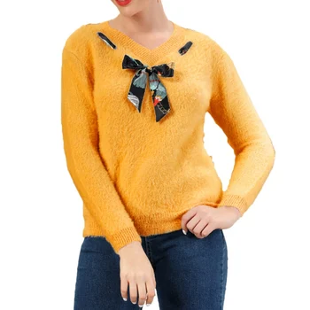 

Fashion Knit V-neck Sweater Bow Lace-up Sweater Slim Bottoming Pullover