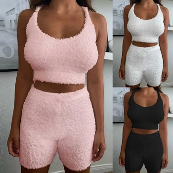 

Fashion Sexy Sling Plush Women's Vest Set Sports Casual Clothes Two-piece Ladies Sport Suit Summer Sexy Exposed Short Low Neck