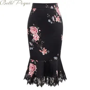 

Belle Poque Floral Mermaid Skirt Women Spring Summer High Waist Sexy Hips-Wrapped Skrit Female Lace Hem Beach Skirt