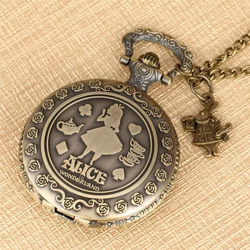 

Alice In Wonderland Theme Quartz Pocket Watch with Rabbit Pendant Accessory Bronze Necklace Pendant Clock Gifts Student Girls