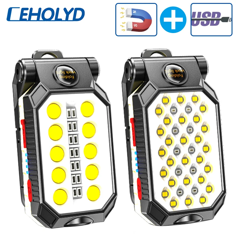 COB Work Light Portable LED Flashlight Lantern Magnet Design with Power Display USB Rechargeable Adjustable Waterproof Camping