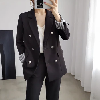 

Vintage Black Women Suits Double Breasted Female Pant Suits Blazer Jacket & Pencil Pant Casual 2 Pieces set femme big size 5XL