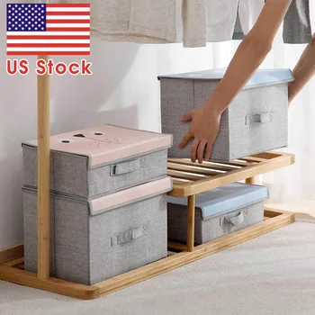 

1PC Large Carton Cloth Storage Box Bin Organizer Container With Lid Handle Storages Blaskets
