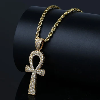 

new Hip Hop Silver-Color Jesus Egyptian Ankh Key Cross Pendant Necklaces Cubic Zirconia Long Chains Jewelry Cuban Link Chain