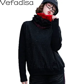 

Vefadisa Black Red Patchwork Turtleneck Women T-shirt 2020 Winter Thick Rivet Decoration Long Sleeve Slim Women T-shirt QYF3442
