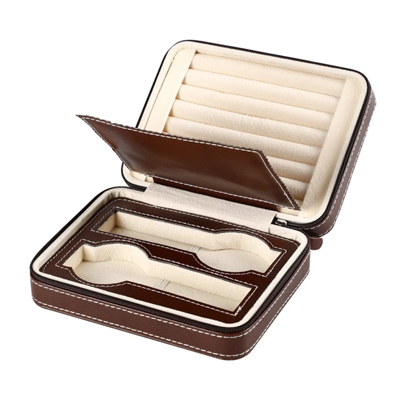 C New Wooden Watch Ddisplay Box Light Red Wooden Portable Faux Leather Jewelry Display Container Jewelry Gift Box - Цвет: C
