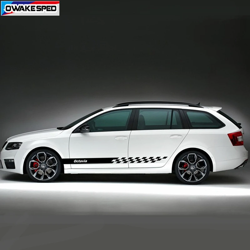 1set Car Body Sticker Hood Bonnet Door Side Skirt Stripes For-Skoda Octavia Racing Sport Graphics Both Side Auto Accessories