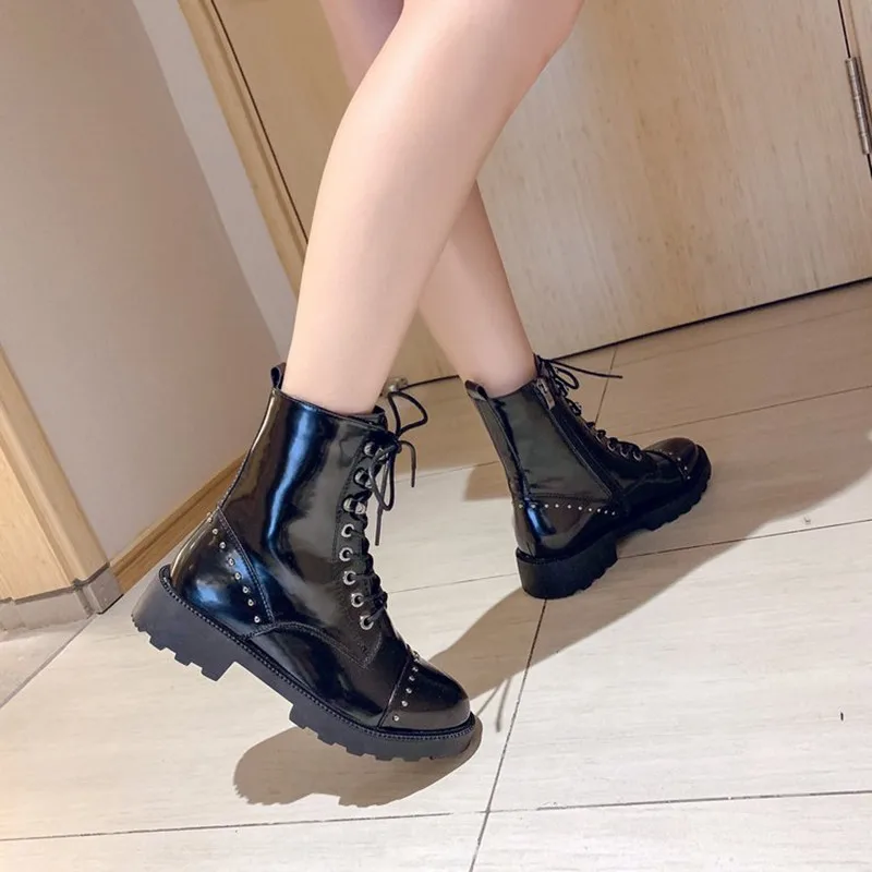 

Patent Leather Locomotive Martin Boots Women's British-Style 2019 New Style Autumn & Winter plus Velvet Versatile Thick Bottomed