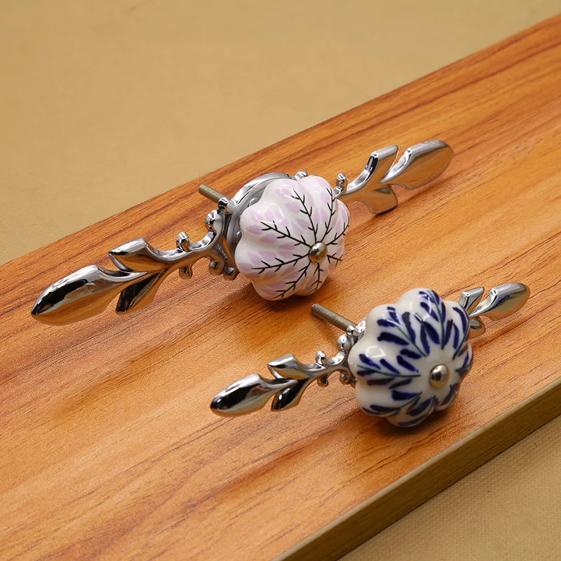 

4 Pcs/Lot Ceramic Blue And White Porcelain Pumpkin Handle Cabinet Door Wardrobe Modern Simple Garden Single Hole