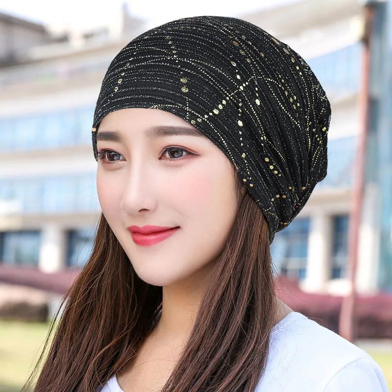 여성 여름 레이스 라인석 통기성 햇빛 차단 모자 K39, 여성 패션 봄 가을 따뜻한 방풍 블랙 캡 헤드스카프
