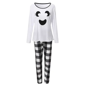 

Tracksuit Women Two Piece Set Halloween Women Long Sleeve Cartoon Tops+Plaid Pants Family Clothes Pajamas Set Free Ship Z4