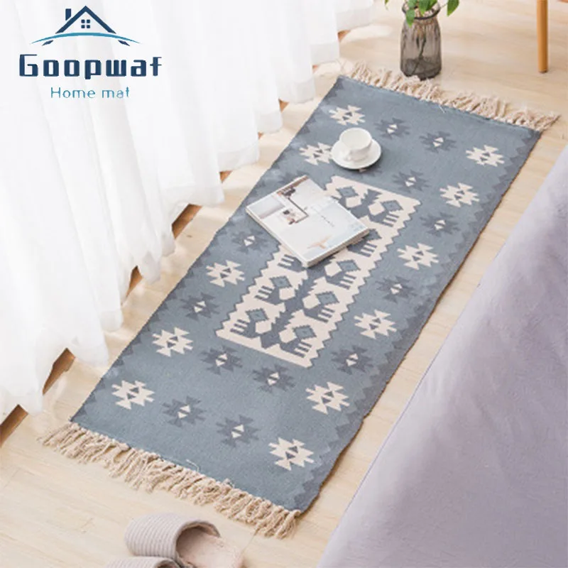 

Nordic Bohemian Hand-woven Cotton Linen Tassel Carpet Home Simple Decoration Living Room Bedroom Non-slip Floor Mat Bathroom Mat